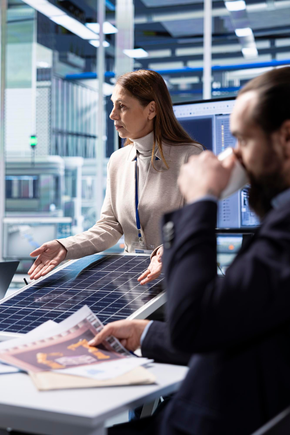 Profissional apresentando uma solu&ccedil;&atilde;o de energia em ambiente corporativo